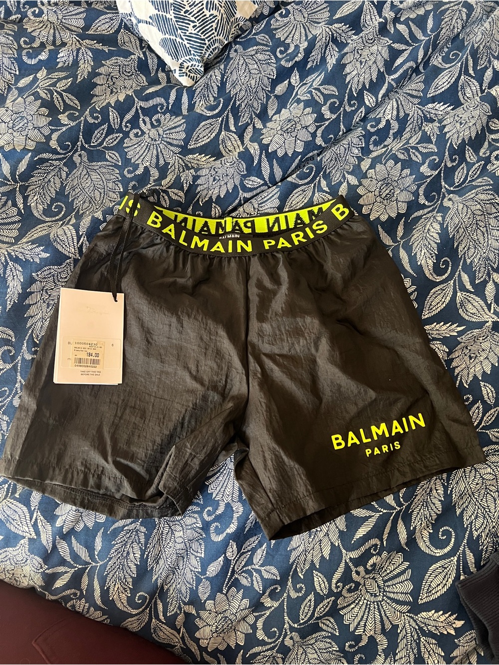 Balmain Black Swim Shorts with Neon Yellow Logo Waistband